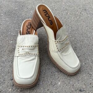 Mjus Cream Patent Leather Studded Penny Loafer Mules Block Heel Square Toe 39